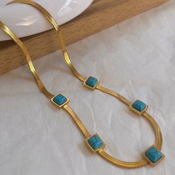 18K Gold Plated herringbone Turquoise Necklace Set Stainless Steel jewelry - Picture 8 of 9